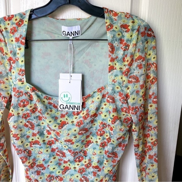 Ganni Top Printed Mesh Ruched Blouse Long Floral Sheer Meadow Celadon 42 NWT - Picture 6 of 8